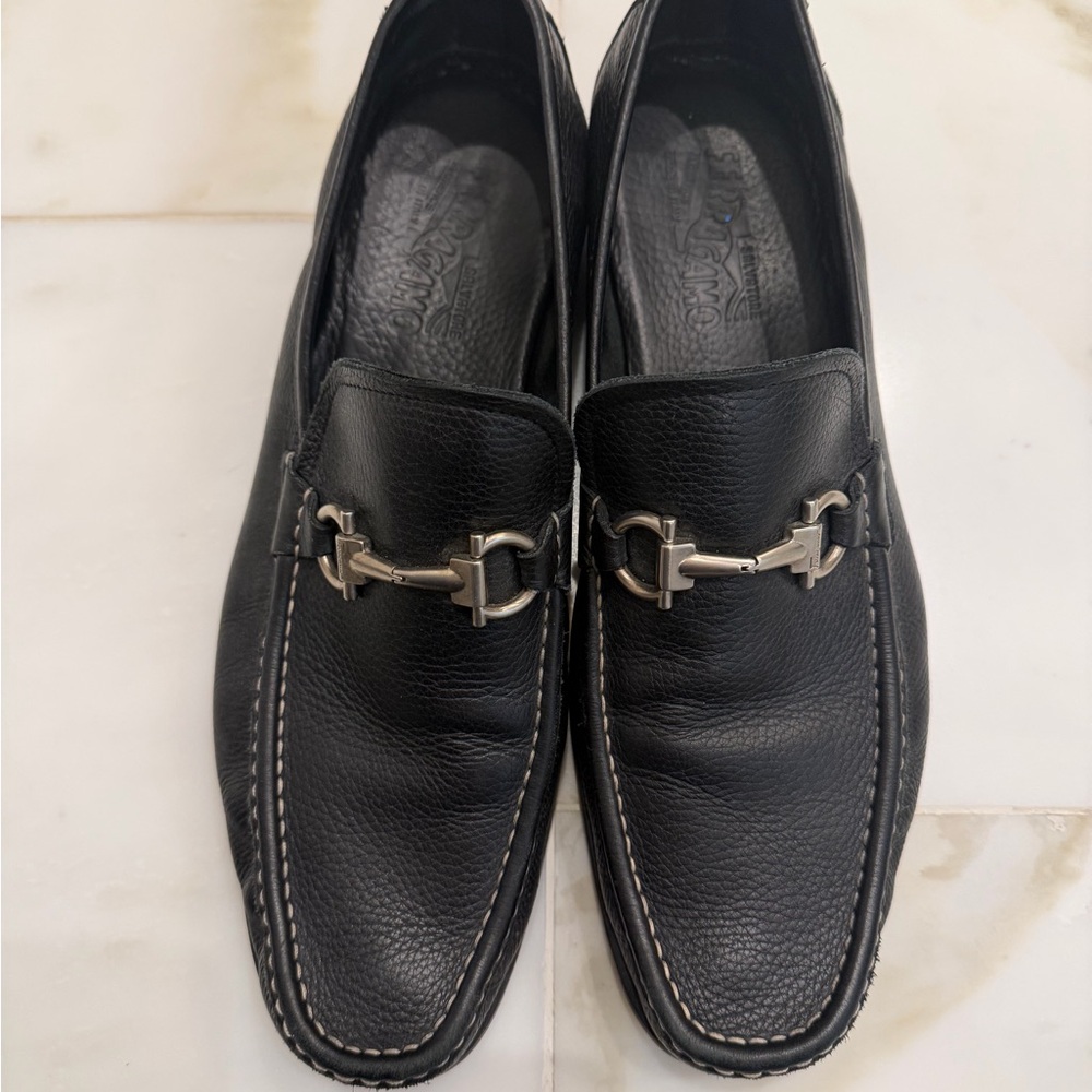 Salvatore Ferragamo Black Leather Slip-Ons with Silver Accents